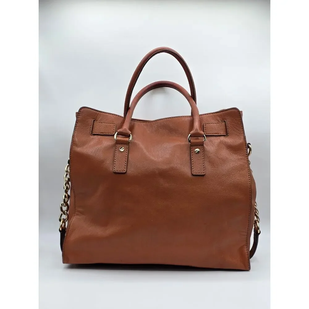 Michael Kors Hamilton Large Leather Tote Satchel Luggage Brown Gold Lock Key